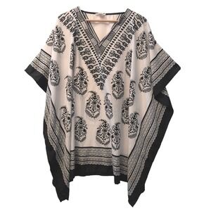Gypsie Blu Black White Floral Kaftan Top One Size V-Neck Boho Tunic Beach Cover